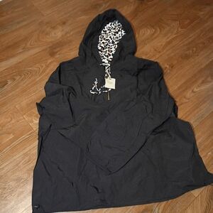 Black Hooded Pullover Windbreaker Jacket with Animal Print Lined Hood